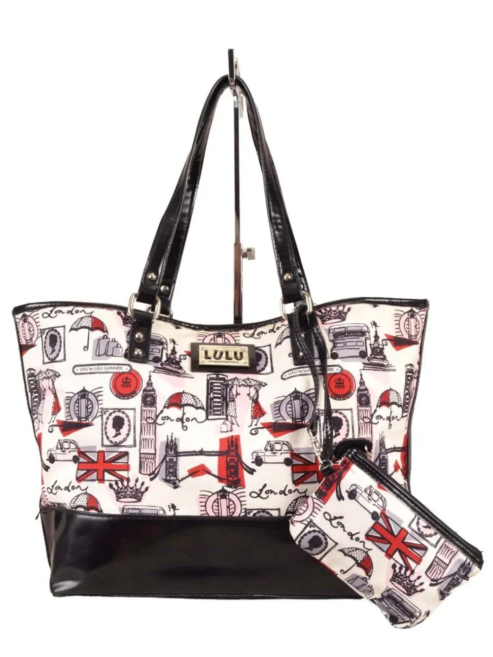 LULU GUINESS 'London Scenic' Black Vinyl & Fabric Tote & Coin Purse